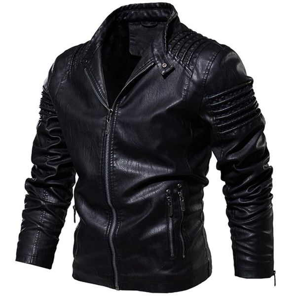 

2021 new leather style men thin warm fashion clothing male autumn jacket stand collar coat pu xsg6, Black