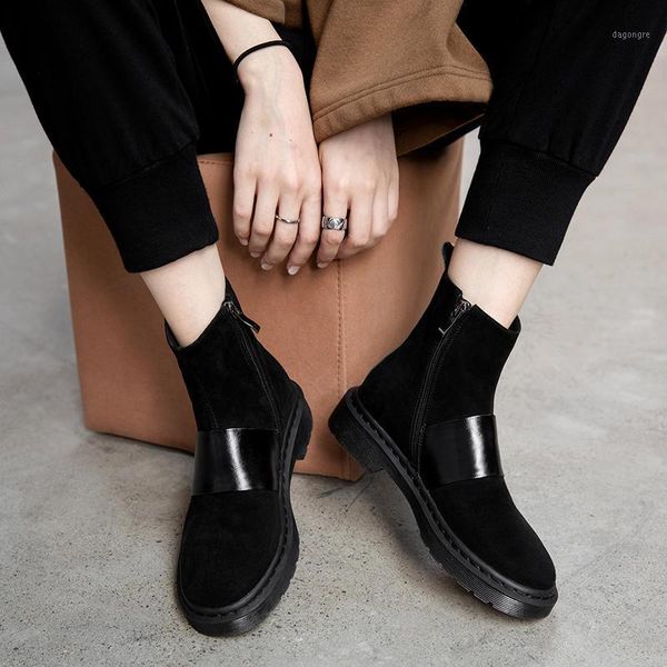 

boots the flock women round toe side zipper ankle for platform fashion handmade black shoes woman size 34-421