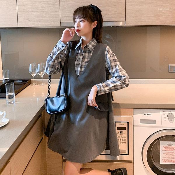 

autumn plus size pregnant women dress long sleeve plaid patchwork turn-down collar loose maternity a-line dress with pocket1, White