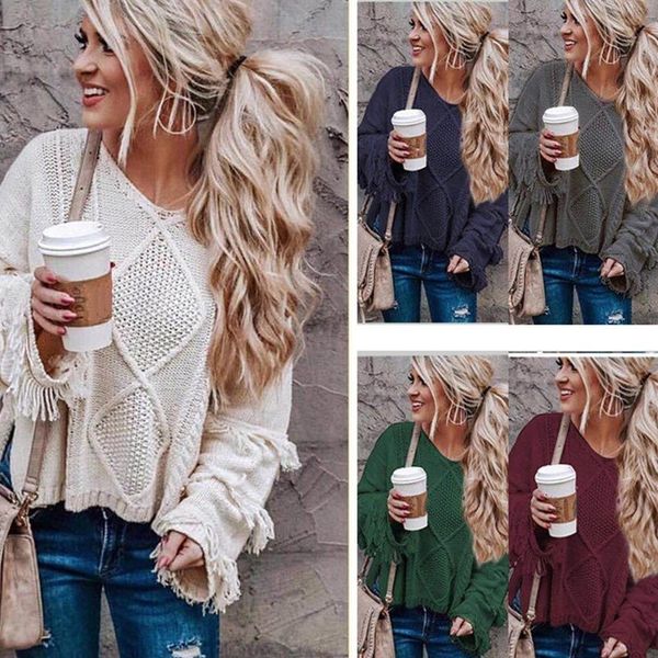 

women's sweater loose knitting o-neck flare sleeve tassel patchwork ladies autumn winter casual sweaters pullovers y200116, White;black