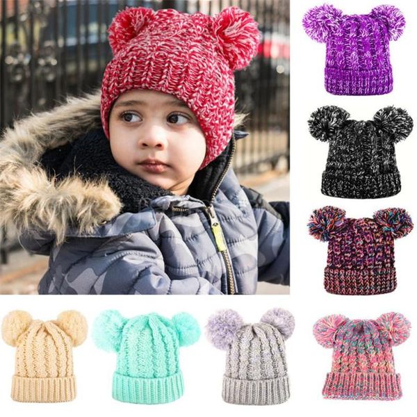 

winter knitting hat girl lovely double ball knitted cap toddler warm skullies caps kid crochet pompom beanie outdoor warm hat db028, Blue;gray