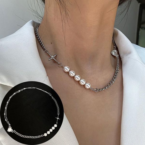

love cross necklace niche design sense pearl stitching clavicle chain temperament hip-hop sweater chain, Silver