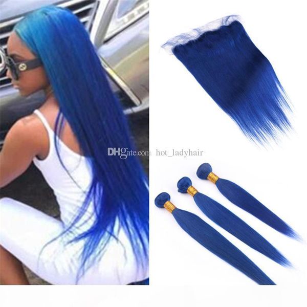 

dark blue human hair lace frontal closure with bundles silky straight blue virgin hair weave 3 bundles deals with full lace frontal closure, Black;brown