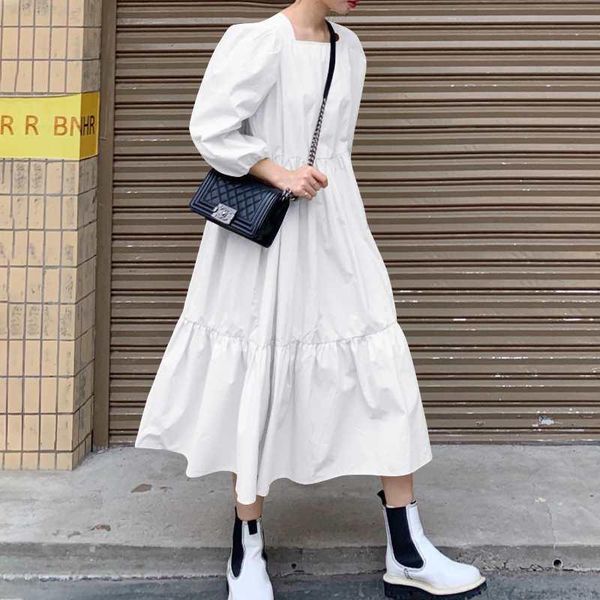 

vonda stylish solid puff dress women's spring dresses 2021 casual pleated long dress maxi vestidos female square neck sundress, Black;gray