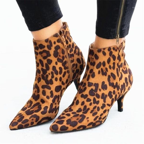 

boots 2021 women suede ankle boot mid stiletto heel side zip pointed toe party work outdoor shoe fine leopard print women's shoes1, Black