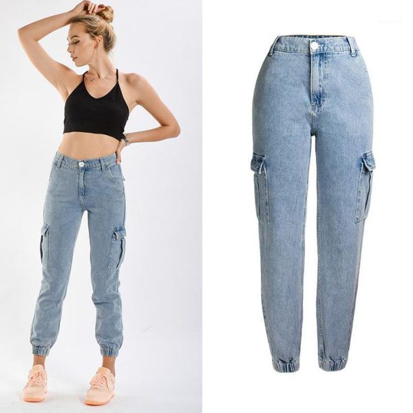 

women cargo jeans multiple pockets harlan denim pants elastic high waist slim fit loose straight leg cuff jean trousers korean1, Blue