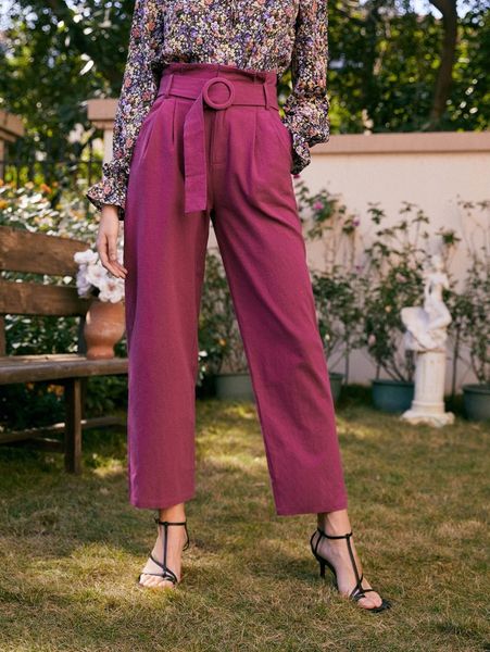 

paperbag waist buckle belted pants e7ra#, Black;white