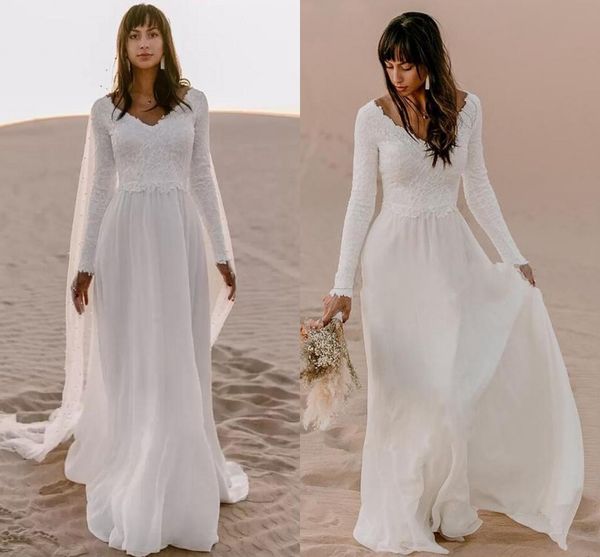 Simples moda boho praia chiffon vestido de noiva mangas compridas v pescoço boémio vestidos nupciais boêmios varrer vestidos formais vestidos robe de soirée de mariage personalizado