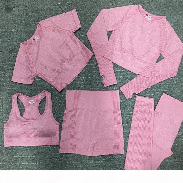 

autunm winter fashion designer womens cotton yoga suit gymshark sportwear tracksuits fitness sports five piece set 5pcs bra leggings outfits, Gray