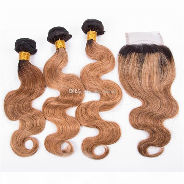 

body wave honey blonde human hair weaves with lace clsoure 2 tone dark root 1b 27 blonde hair bundles with lace closure, Black