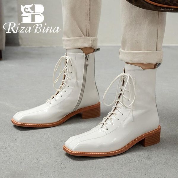 

boots rizabina real leather women ankle square toe cross strap zipper shoes party winter warm footwear size 33-401, Black