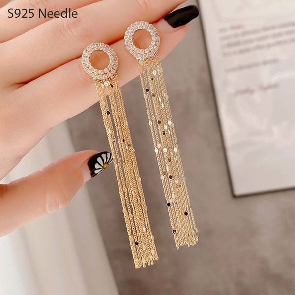 

real 925 sterling silver needle long dangle for women jewelry bling gold tassel cz female drop earrings, Black