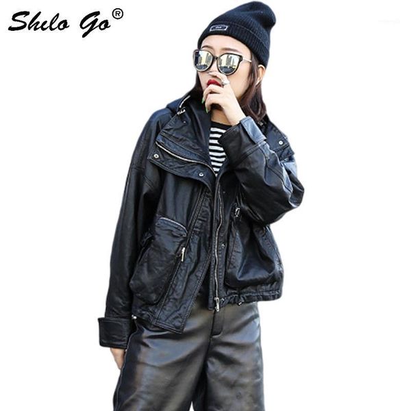 

genuine leather jacket drop shoulder batwing sleeve hooded jacket coat women autumn black casual plus size safair style outwear1