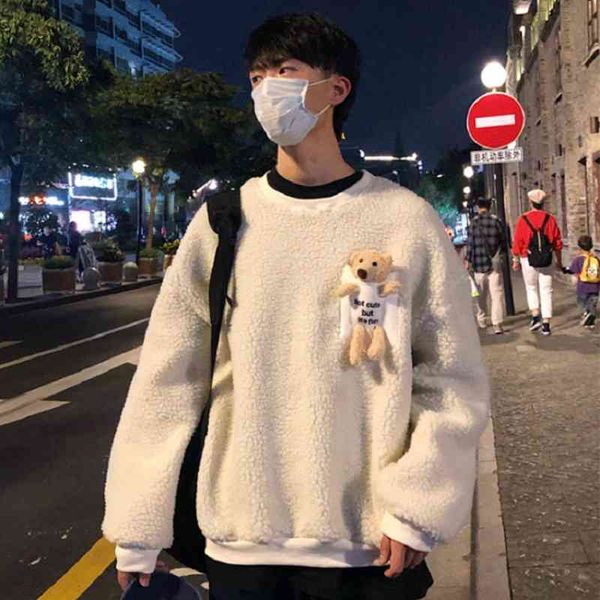 

imitation lamb fur bear sports jacket male korean version of the wild loose couple ins tide brand crew neck sweatshirt, Black