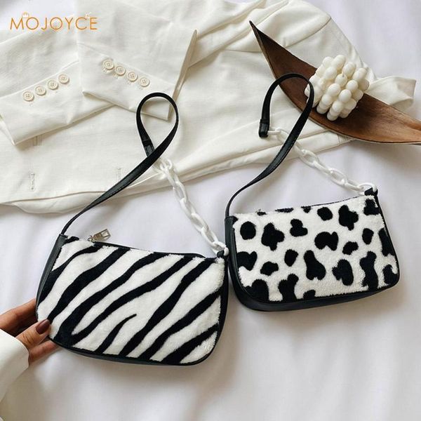 

plush handbag totes female autumn winter fashion animal cow zebra pattern clutches purse retro travel chain underarm bags