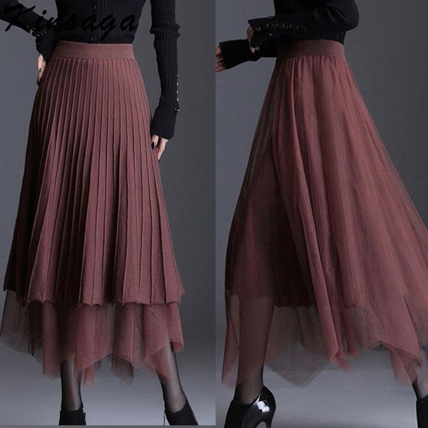 

skirts women reversible long pleated mesh knitted skirt autumn high waist maxi a-line office lady warm elegant brown, Black