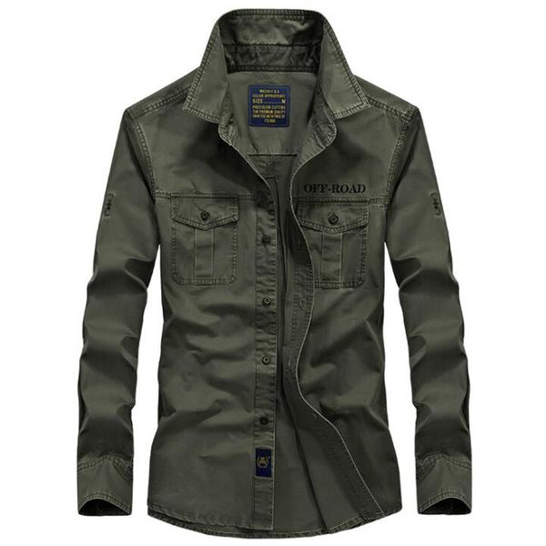 Herrenhemden Baumwolle Militärhemd Khaki Casual Slim Fit mit Tasche Langarm Vintage Jacke Streetwear Plus Größe 4XL 201118
