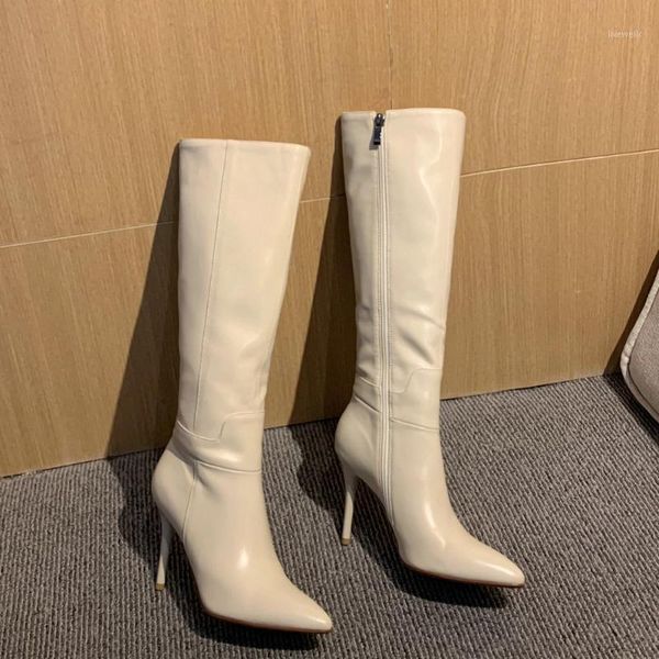 

boots women genuine leather stiletto heels knee high pointed toe zip winter sewing party black white boot shoes 20211