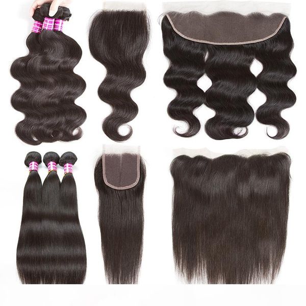 

8a virgin brazilian body wave hair weaves 3 bundles with lace frontal closure peruvian straight human hair with 4x4 lace weaves closure, Black