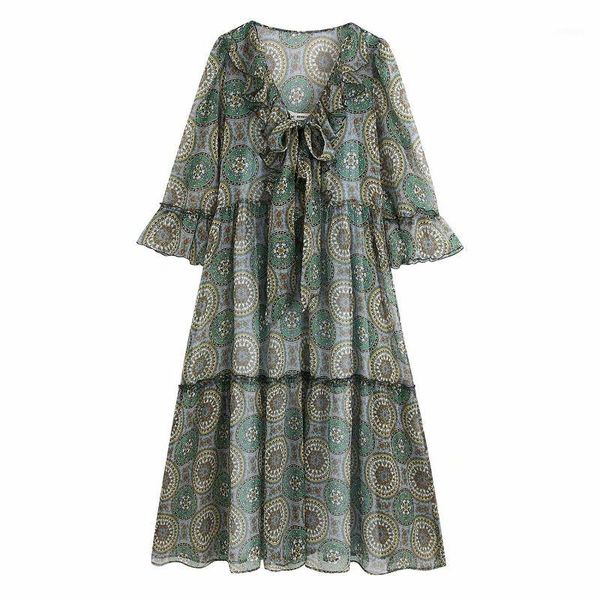 

women vintage totem flower print cascading ruffles casual midi dress lady butterfly sleeve vestidos chic straight dresses ds34021, Black;gray