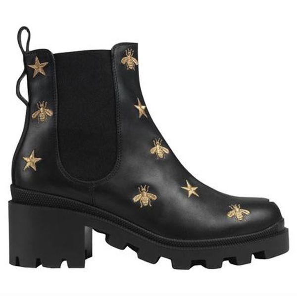

women heel snow boots leather ankle boot chunky heel martin shoes embroidered leather platform desert lace-up boot with box, Black