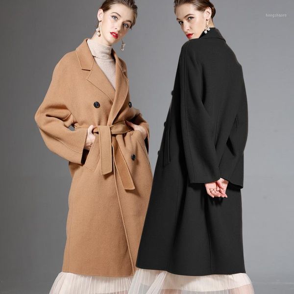 

winter 2019 new european high end plus size double-breasted cashmere jacket thickened double-sided loose x-long wool coat women1, Black