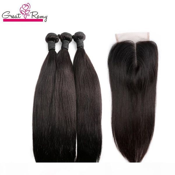 

greatremy brazilian silky straight hair weft with closure 4x4 lace closure with hair bundles 4pcs natural color human virgin hair weave, Black