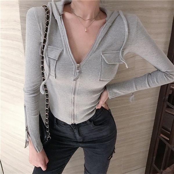 

korean clothes spring autumn hooded pocket sweater women slim zipper cardigan long sleeve stretchy knitted jumper m9n802 201221, White;black