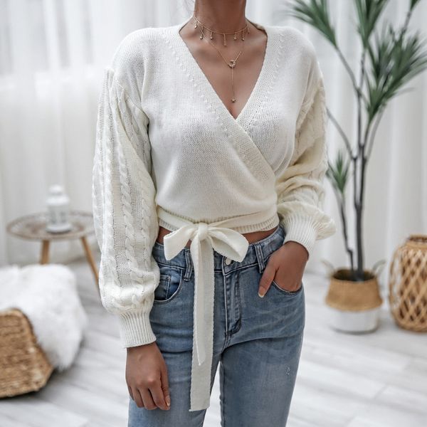 

women's autumn knitted white cross wrap casual lantern long sleeve knitwear v neck party knit loose tie up kg-153, White;black