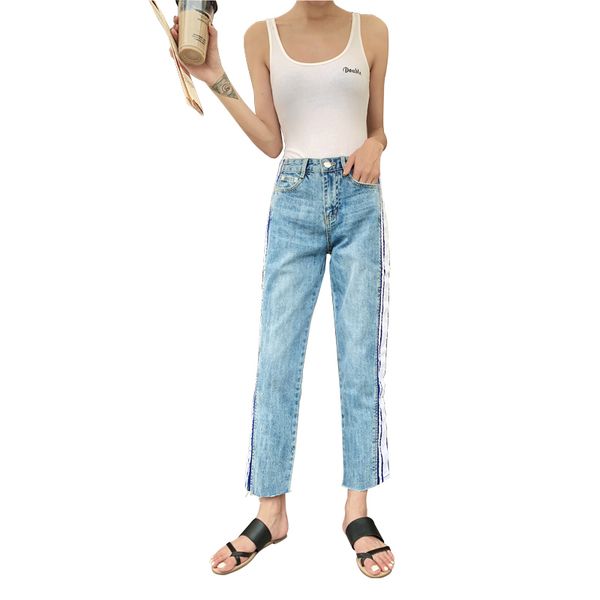 

summer new leggings women jeans high waist han edition thin loose jean nine minutes trousers splice women's trousers straight tube trou, Blue