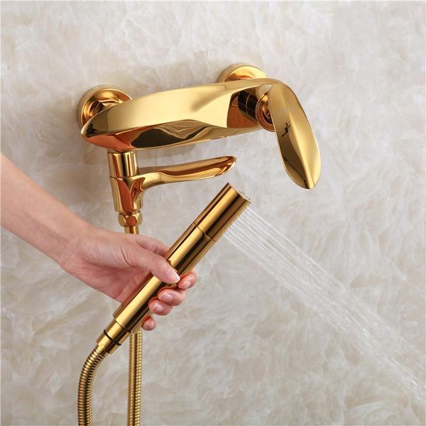 

nordic brass gold bath shower and cold water tap titanium golden bathtub shower faucet set hanging wall mounted shower set bbygbm bwkf