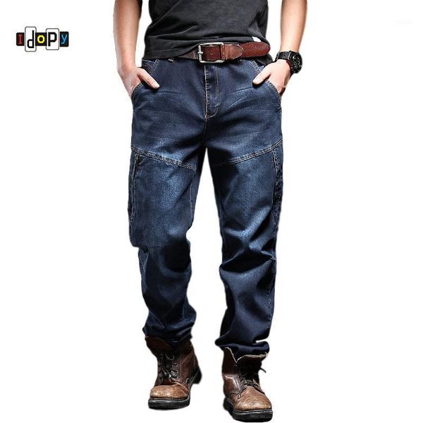 

men's jeans idopy men`s casual motorcycle workwear zipper pockets army tactical denim biker cargo pants for men plus size1, Blue