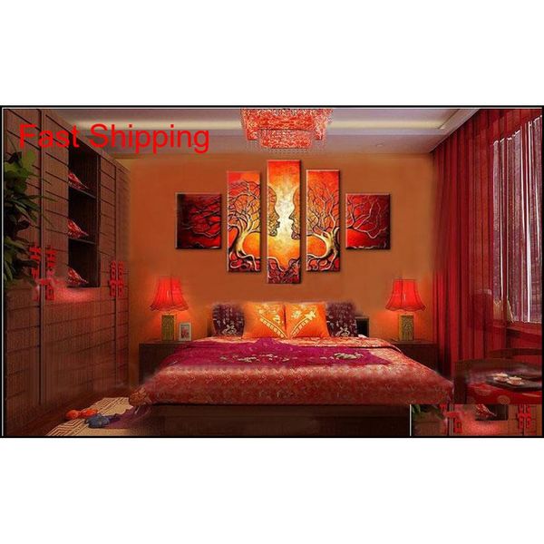 

100%handmade oil painting on canvas tree kiss red blue yellow abstract modern 5panel set large wall art ch qyloev packing2010