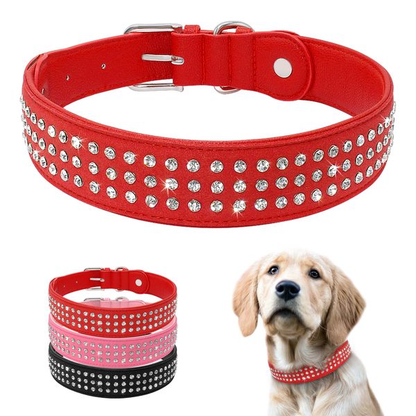 

shining crystal mischievous leather necklace medium size dog big red black m l / xl