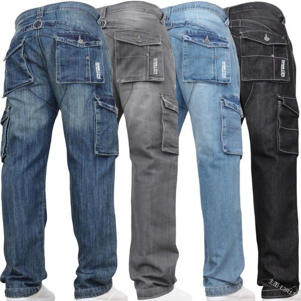 

lugentolo pockets jeans men plus size loose casual solid fall fashion straight mid waist zipper full length pants1, Blue