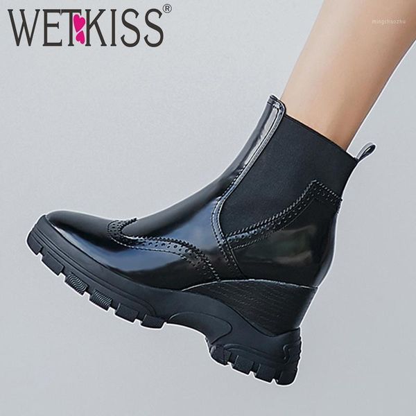 

boots wetkiss cow leather ankle women wedges high heels booties platform shoes female round toe ladies winter 2021 1, Black