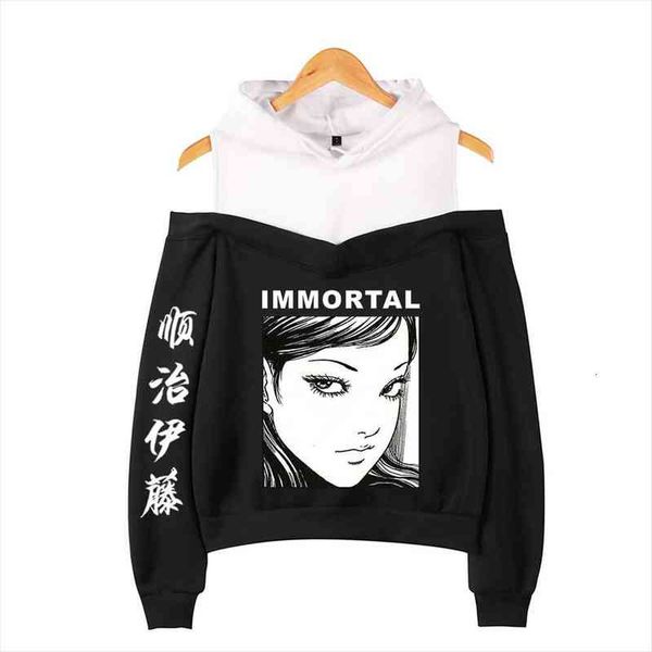 

kpop junji ito hoodie womens hooded off-shoulder harajuku hoodies casual full, Black