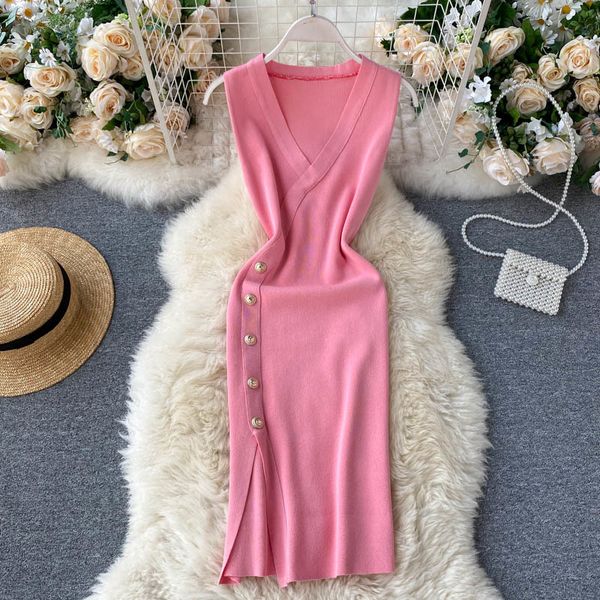 

women's summer fashion solid color v-neck high waist slim sleeveless slit dress, Gray