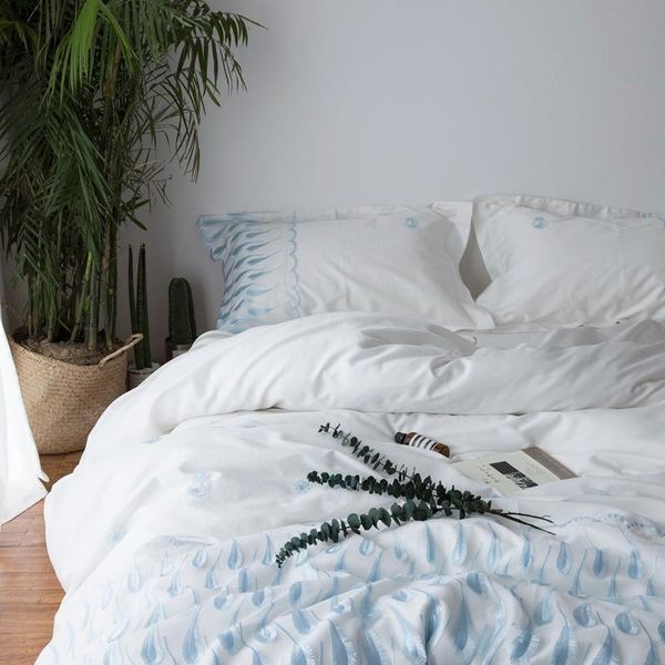 

bedding sets luxury princess style white blue 60s egyptian cotton lace cover girl size bed duvet sheet king pillowcases  set