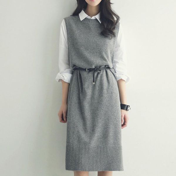 

2 colors women long knitted sweater dress vest sleeveless warm autumn winter pullover vest dress sweater casual +belt (yx1302)1, Black;gray