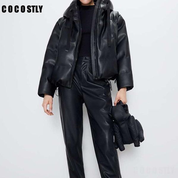 

winter coat women hooded faux leather parkas women fashion pu leather coats parkas elegant zipper cotton jackets female, Black