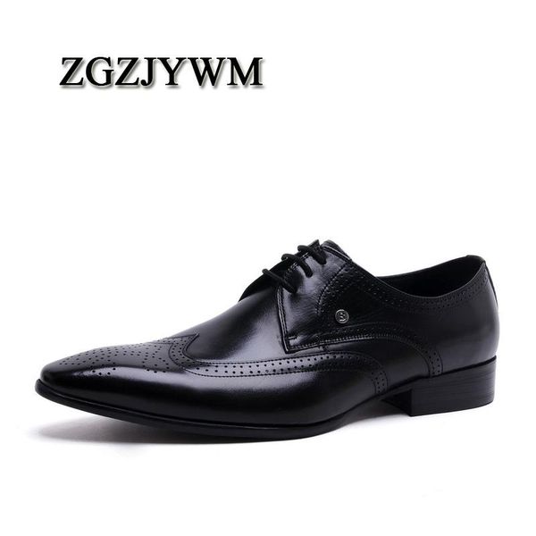 

zgzjywm fashion carved style spring autumn men's business pointed toe lace up casual genuine leather oxfords men wedding shoes, Black