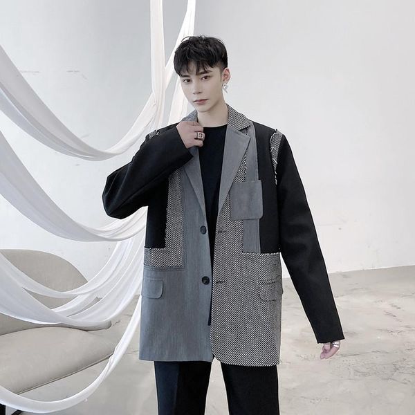 

male streetwear hip hop suit coat stage clothing men patch plaid casual vintage loose casual suit blazers jacket outerwear, White;black