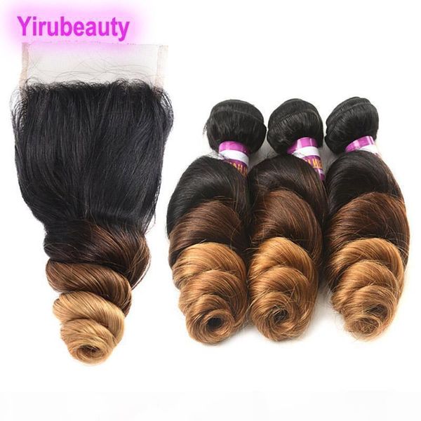 

brazilian virgin hair extensions loose wave 1b 4 30 ombre human hair bundles with 4x4 lace closure with baby hair 1b 4 30 three tones, Black;brown