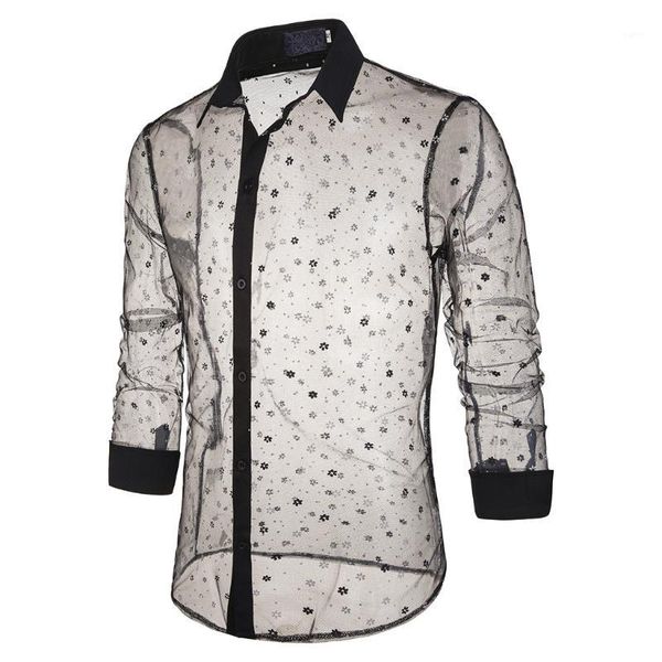 

puimentiua men's autumn shirt stage slim fashion snowflake print lapel shirt casual transparent men's long sleeve 20191, White;black