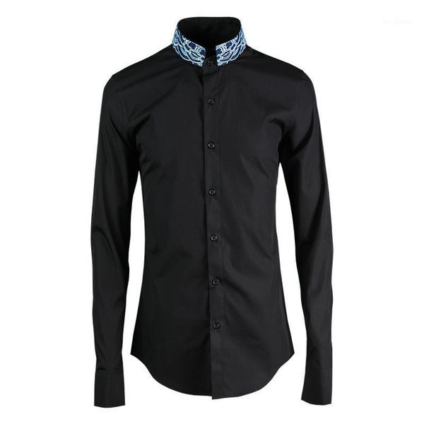 

men's casual shirts stand collar men shirt fashion neck precision embroidered mens dress hight quality slim fit 4xl1, White;black