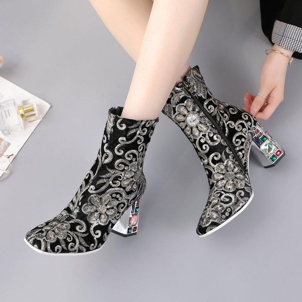

boots vintage crystal high heels ankle women metal toe prom party shoes woman big size chunky, Black