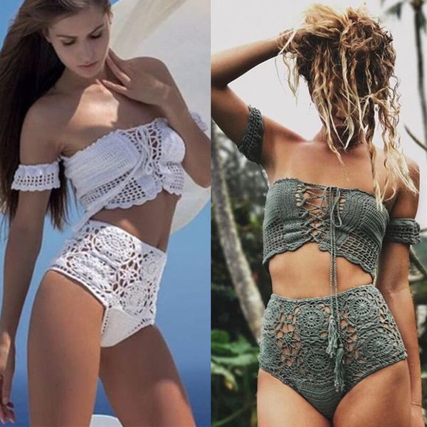 

hand crocheted high waist bikini suit swimsuit bandage bathing suits paduap8