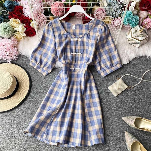 

casual dresses 2021 arrivals summer retro plaid fairy dress femme temperament high waist a-line vestidos short sleeved verano1, Black;gray