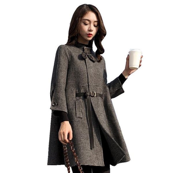 

autumn and winter new korean style loose small plaid fashion woolen coat female british style long woolen coat female trend, Black